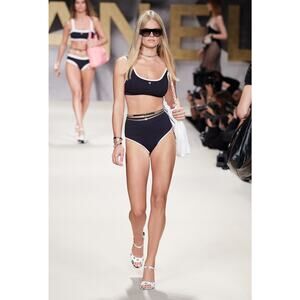 Chanel 22S Black White Crystal CC Logo Bikini Two Piece Swimsuit Bathing Suit 38